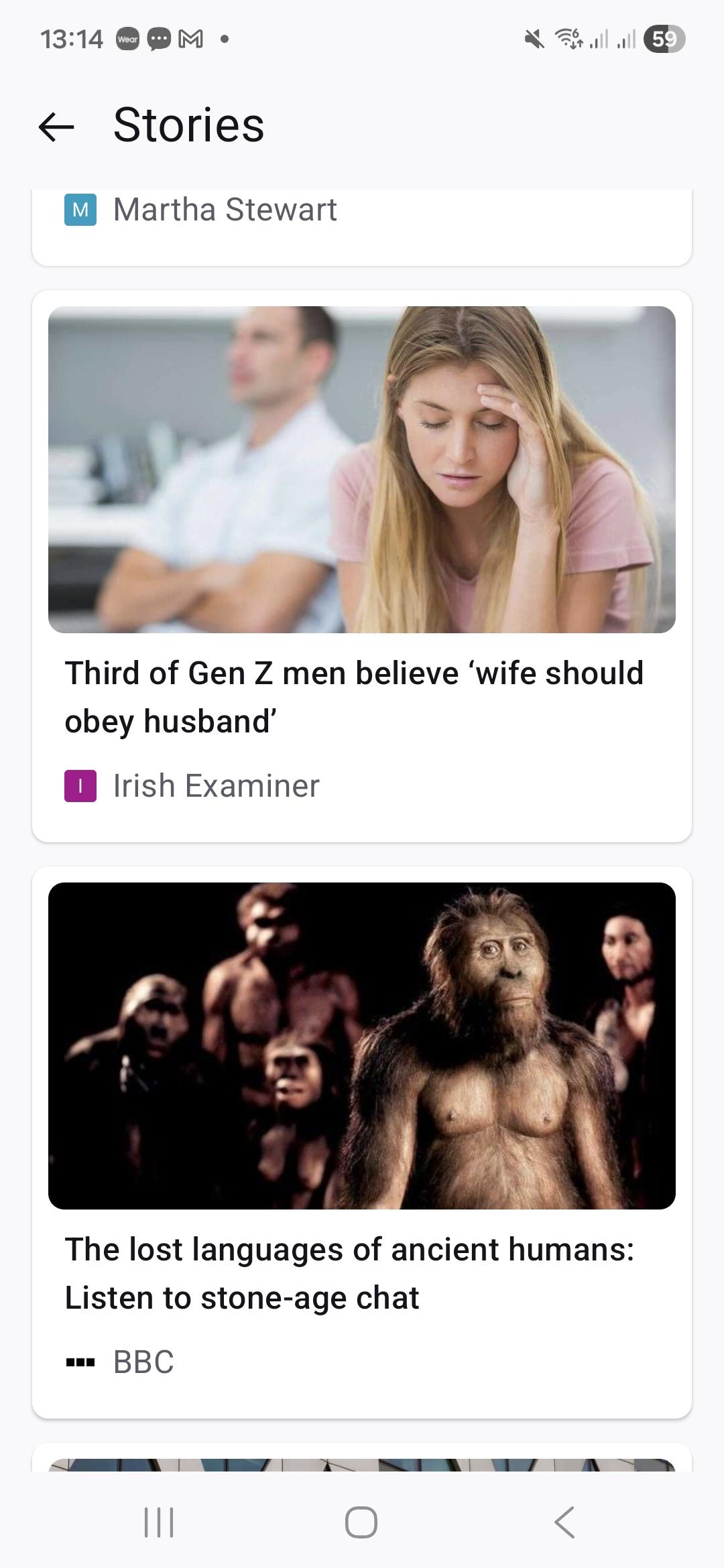 Captura de pantalla: un par de historias, la primera dice que un tercio de los gen z dice que la mujer debe obedecer a su marido. La segunda es algo sobre un tipo de homínidos y tiene una imagen de ellos